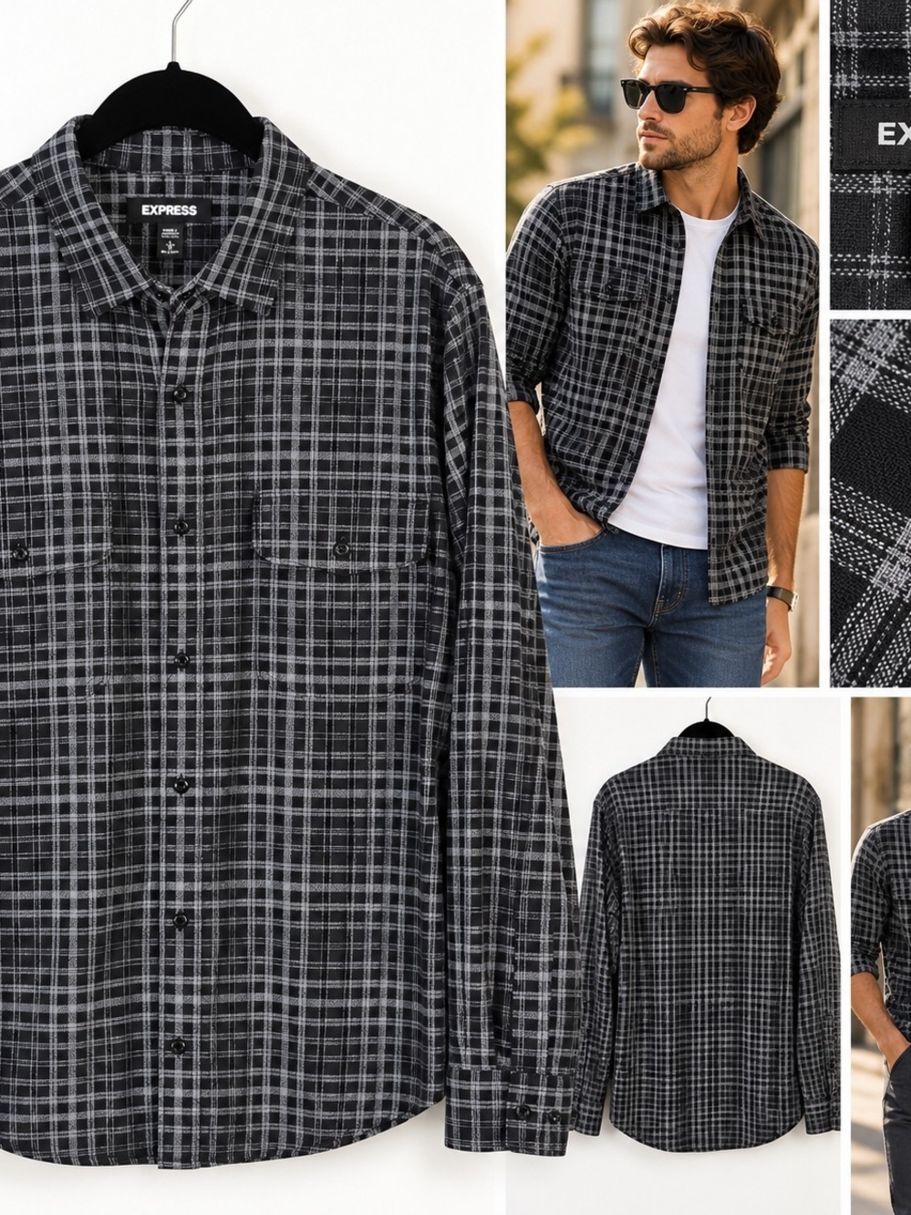 Express Plaid Button Down Shirt Large Black Gray 90s Grunge Casual